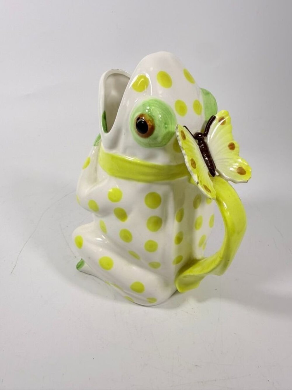 Frog Pitcher Vase Seymour Mann Hand Painted Ceramic Yellow Green Polka Dots Butt - Picture 8 of 16